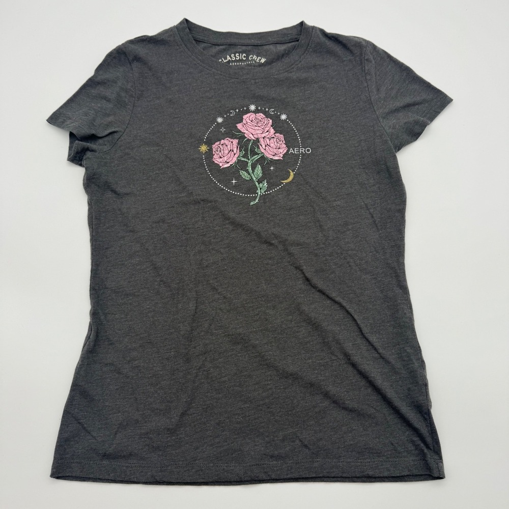 Aeropostale Womens Classic Crew T-Shirt Charcoal Gray Celestial Rose Graphic L